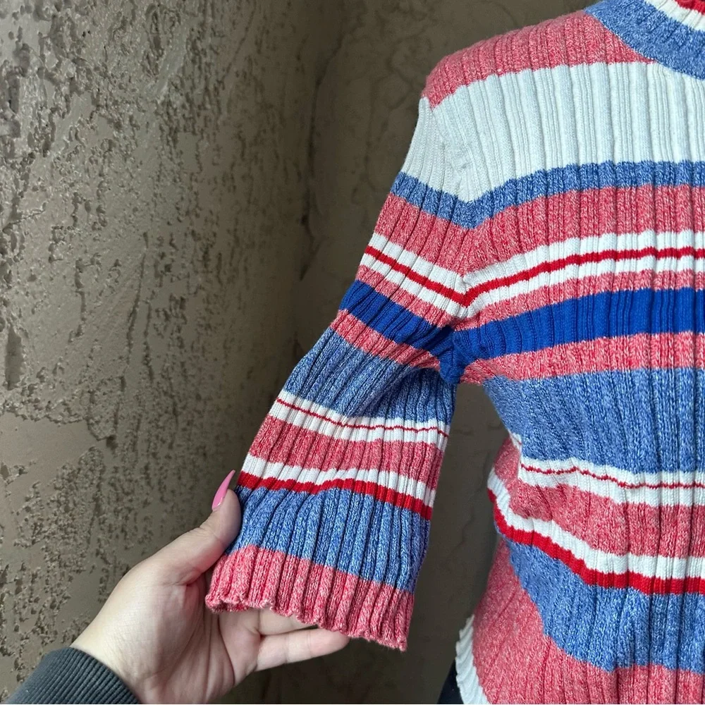 🦋 H&M Striped Red, White & Blue Crew Neck Fitted 3/4 Sleeve Cropped Sweater - Picture 6 of 10